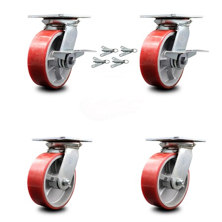 Service Caster 6 Inch Poly on Cast Iron Caster Set with Ball Bearing 4 Swivel Lock 2 Brake SCC SCC-35S620-PUB-RS-SLB-BSL-2-BSL-2